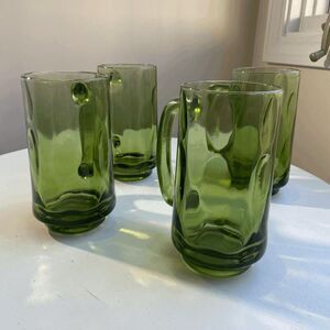 Hazel Atlas Lyric Drop Dot Optic Avocado Green Glass Mug Set of 4 Heavy Stein